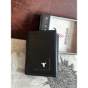 American Bison Mens Trifold Wallet‎ Genuine Black Leather RFID Secure NIB